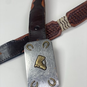Vintage Horse Head Horseshoe Belt Buckle Basket Weave Tooled Leather Belt / Waist - 36&quot; - 41&quot;