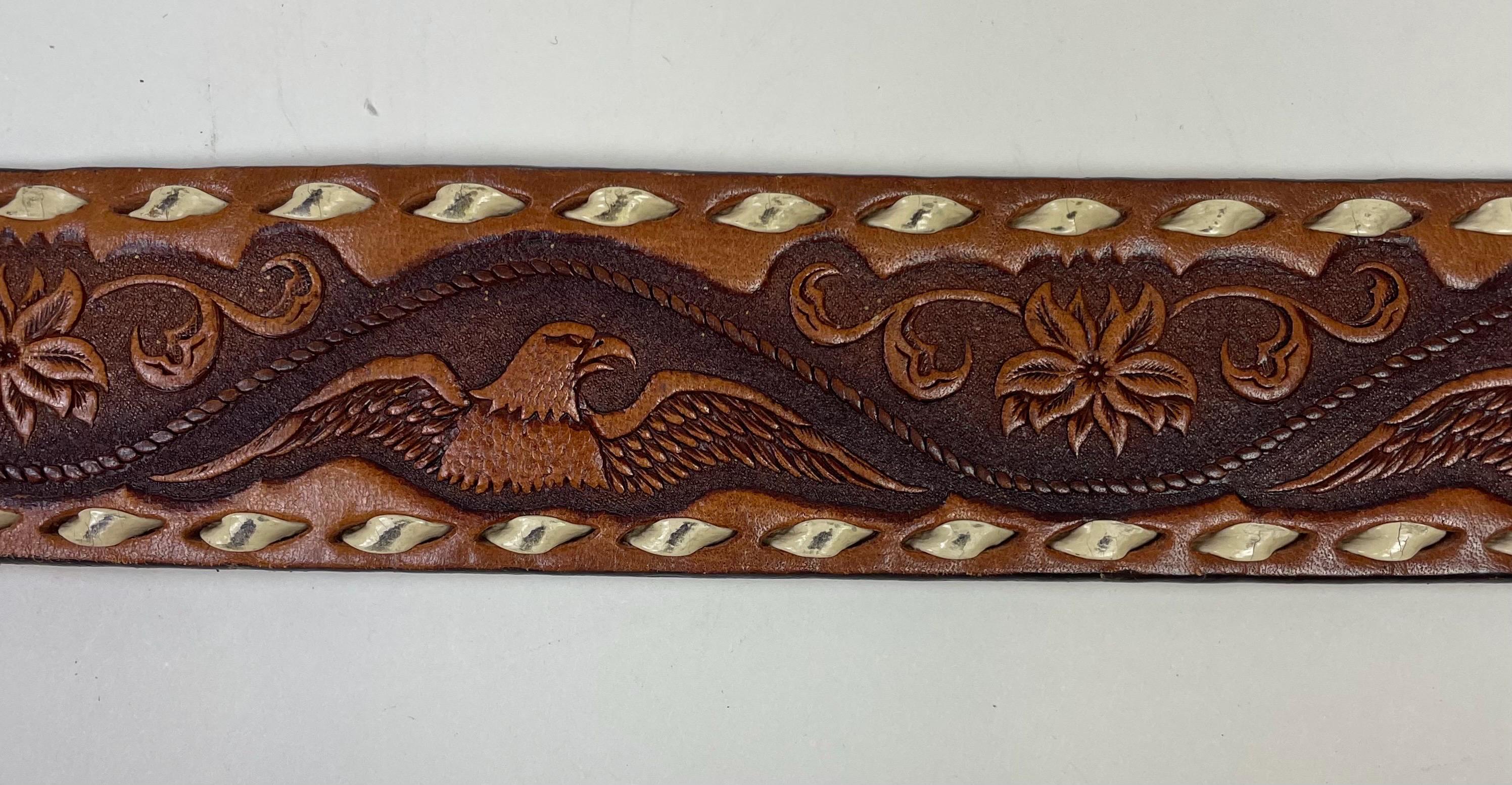 Vintage Leather Statement Belt Embossed Sunrise & Landscape Scenery Size Small Vintage Embellished Leather Belt: 80s-90s Western Studded  main image 2
