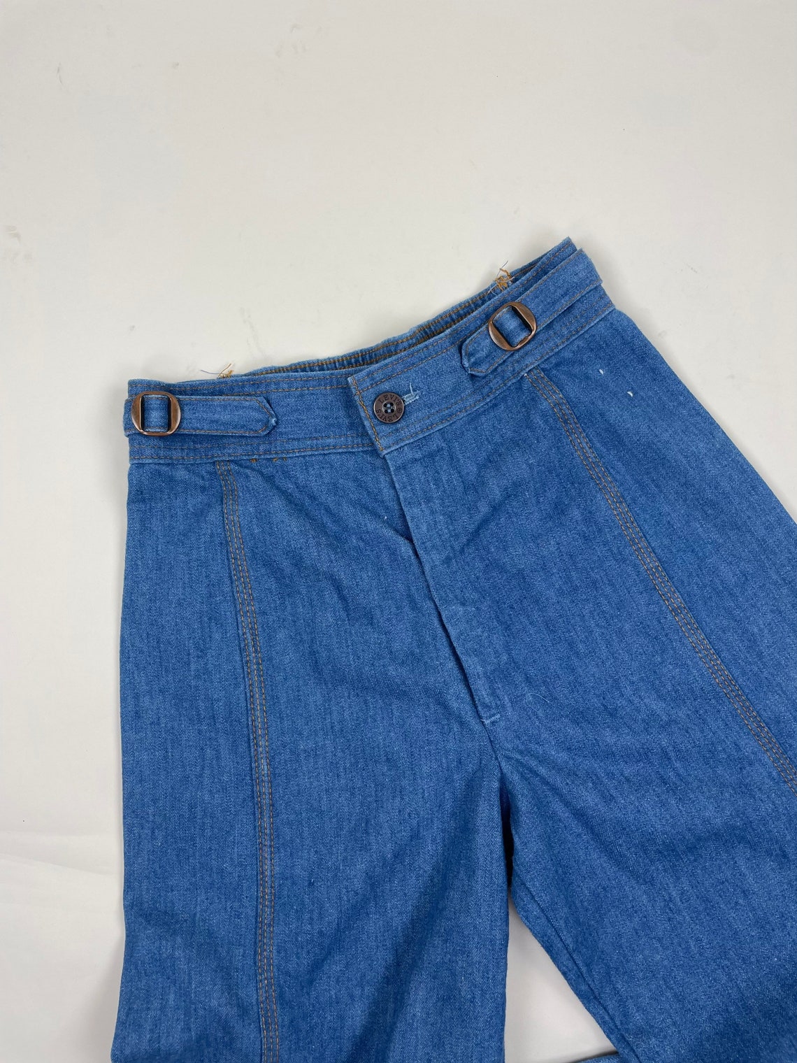 Vintage 70s Levis Bell Bottom Jeans: High Waisted Denim, Side Buckle, 26-28, photo 1 of 5