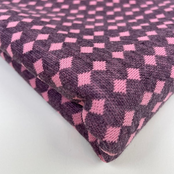Vintage 1970s Jersey Knit Gray Plum Pink Diamond Pattern Fabric / 70s Dress Sweatshirt Fashion Textile