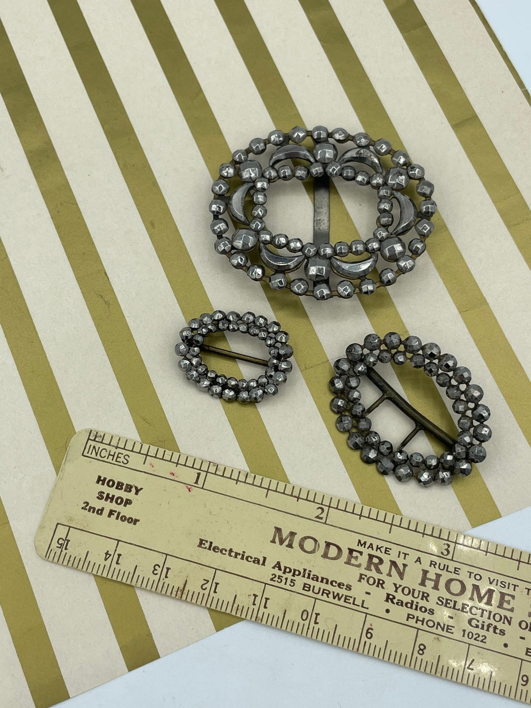 Antique Cut Steel Sash Belt Buckle Buckles / 19th C 1800s Vintage Dress