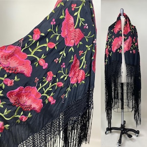 Vintage 1920s Black Silk Embroidered Floral Fringe Large Piano Shawl / 20s Embroidery Wrap Scarf