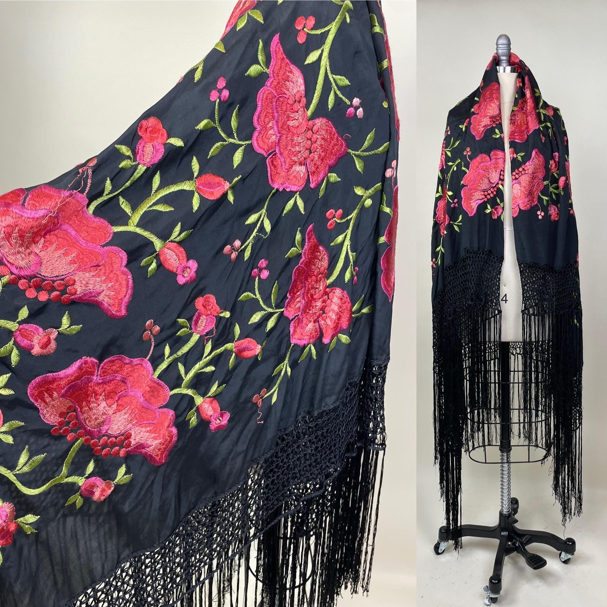 Vintage 1920s Black Silk Embroidered Floral Fringe Large