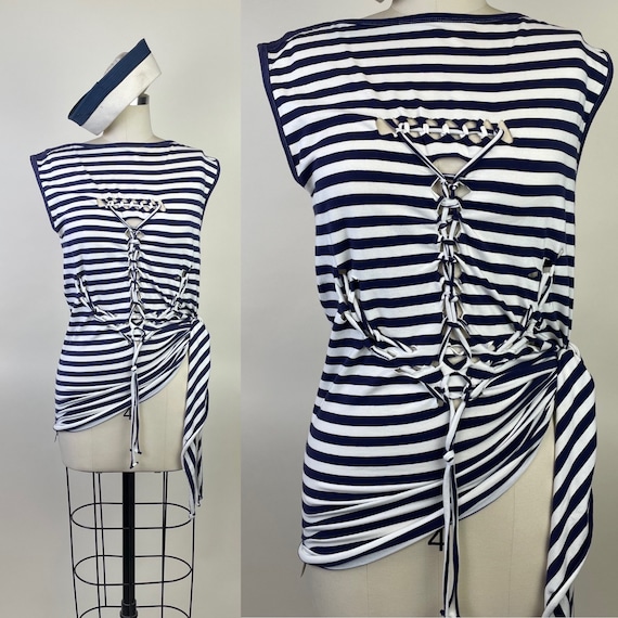Jean Paul Gaultier Blue White Striped Anchor T Sh… - image 1