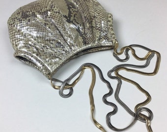 Vintage 1970s Judith Leiber Metallic Snakeskin Chain Purse / 70s Silver Gold Evening Shoulder Handbag Purse