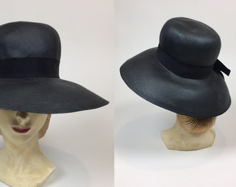 Vintage 1960s Black Straw Wide Brim Sun Boater Hat / 60s Black Frederick & Nelson Summer Hat