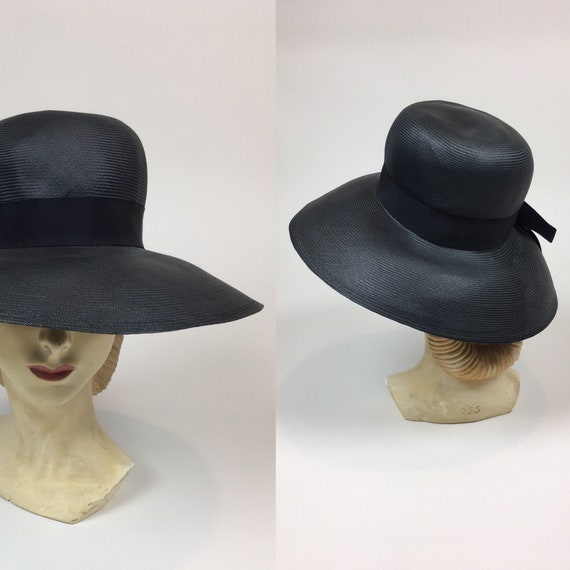 vintage 1960s Black Straw Wide Brim Sun Hat / Vint
