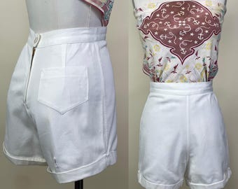 Shorts femininos vintage de sarja de algodão branca, cintura alta, anos 1930 e 1940, verão dos anos 30 e 40