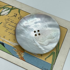 May include: A white mother-of-pearl button with four holes. The button is round and has a slightly iridescent sheen.