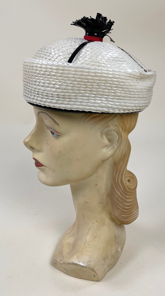 Vintage 1960s Black White Cello Pillbox Hat with … - image 2