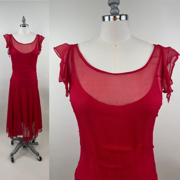 Vintage 1920s Silk Chiffon Red Handkerchief Dress / 20s Drop Waist Scarf Dress