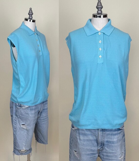 Vintage 1960s Mod Turquoise Blue Sleeveless Shell Top Shirt / 60s