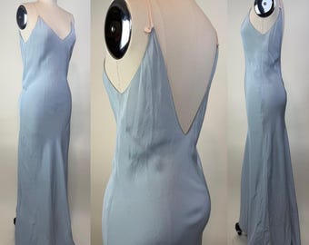 Vintage 1930s Blue Rayon Crepe Bias Cut Slip Dress