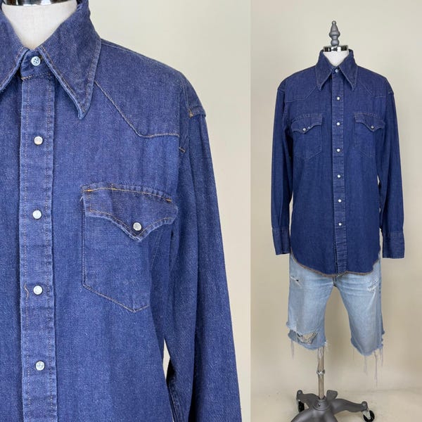 Vintage 1970s Cowboy Western Denim Ranch Work Shirt