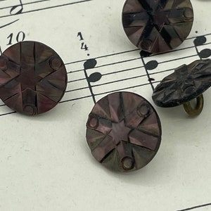 May include: Four round, dark brown buttons with a star design. The buttons have a raised, textured surface and a shiny finish.