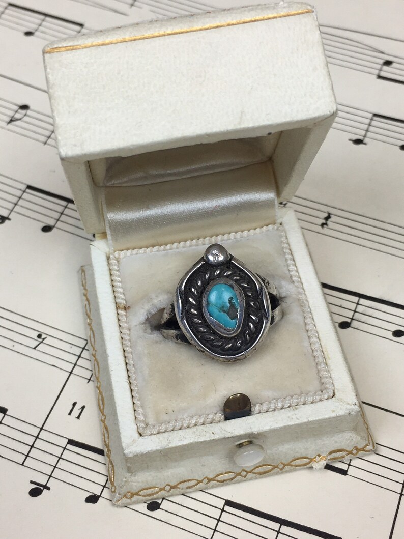 Vintage 1950s Navajo TURQUOISE Sterling Ring Vintage Native American Turquoise Hand Stamped Ring size 5 12