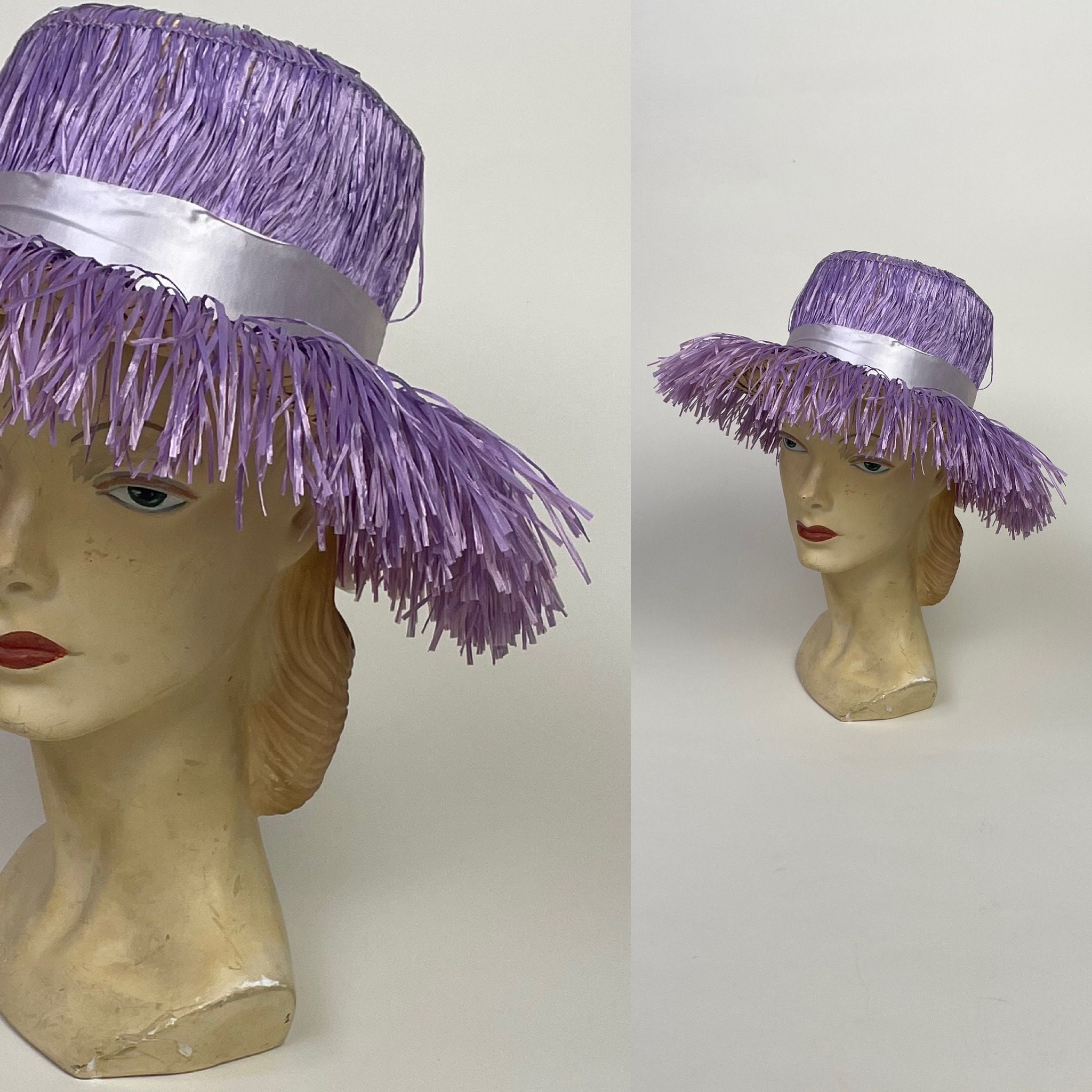 Rare! Vintage 60s Dowa Halle Brothers Purple Straw & Satin Striped Saucer Hat Vintage Lilac Straw Sunhat by Loro Piana, Wide Brim, Medium  main image 2