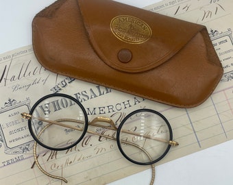 Vintage jaren 1920, jaren 1930 zwarte ronde goudgevulde brillen / celluloid monturen helderglazen lens