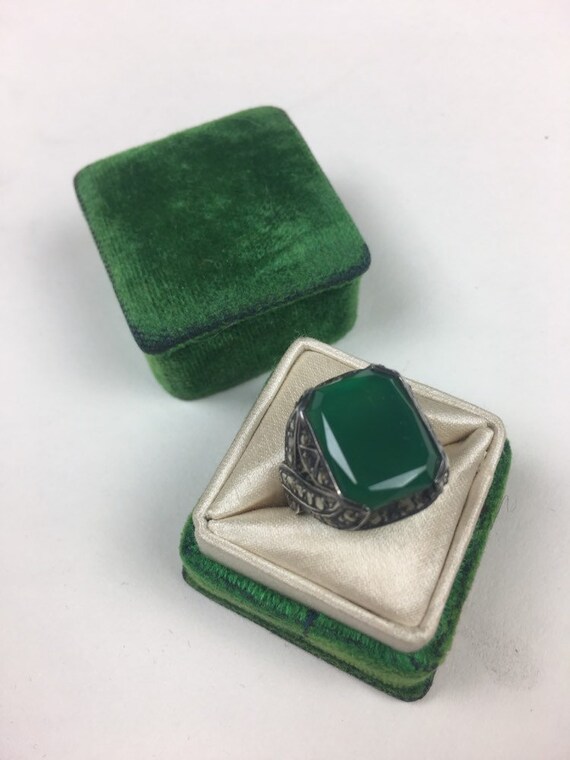 Bague Ancienne En Argent Sterling Avec Chrysoprase - Taille 54 - Occasion - Style Antique