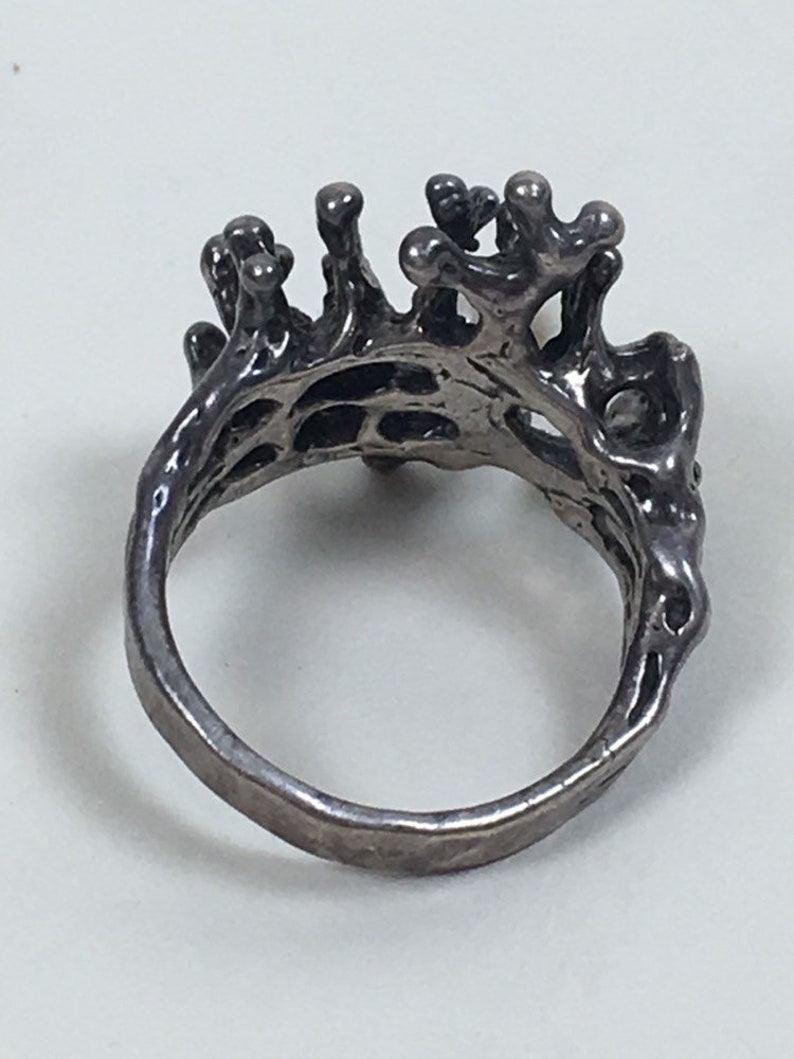 Vintage 1960s Brutalist Modernist Sterling Silver Pearl Birds Nest Ring