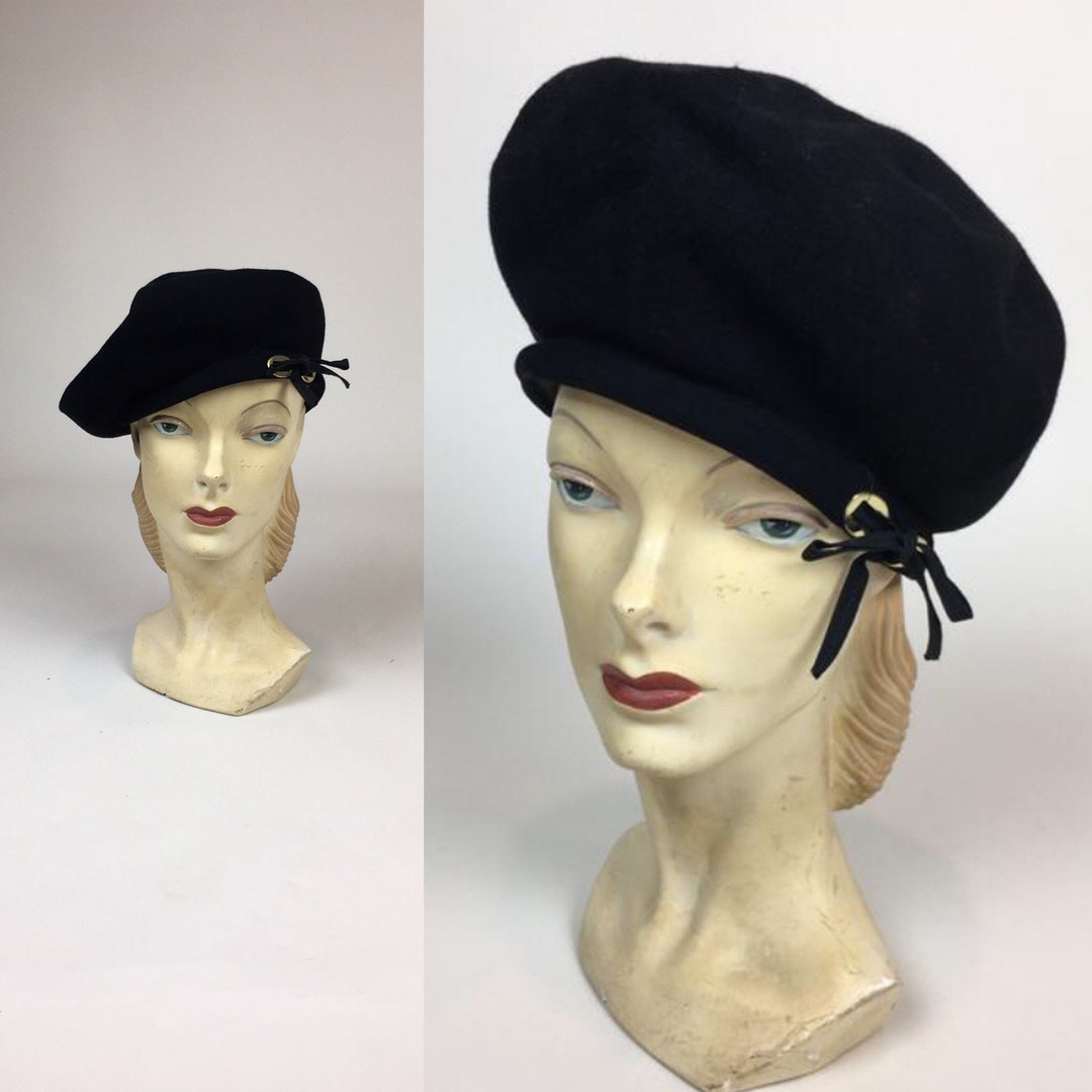 Vintage 1940s Black Wool Betmar Paris Designer Tam Beret Hat