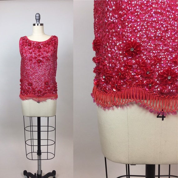 Vintage 1960s Hot Pink Beaded Sequin Sleeveless L… - image 1
