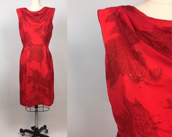 Vintage 1960s Red Silk Chiffon Sparkly Glitter Party Dress / 60s Red Sleeveless Holiday Dress