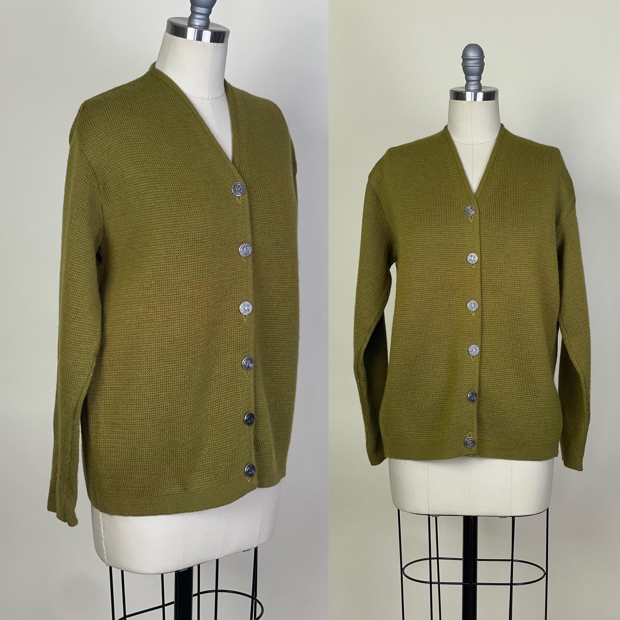 Vintage 1960s Olive Green Worsted Wool Cardigan Kaso Knit / 60s