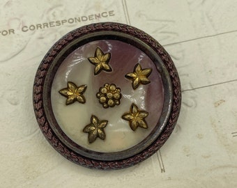 Antique Victorian Tinted Ombre Celluloid Protruding Brass Metal Stars Button / 1 3/8"