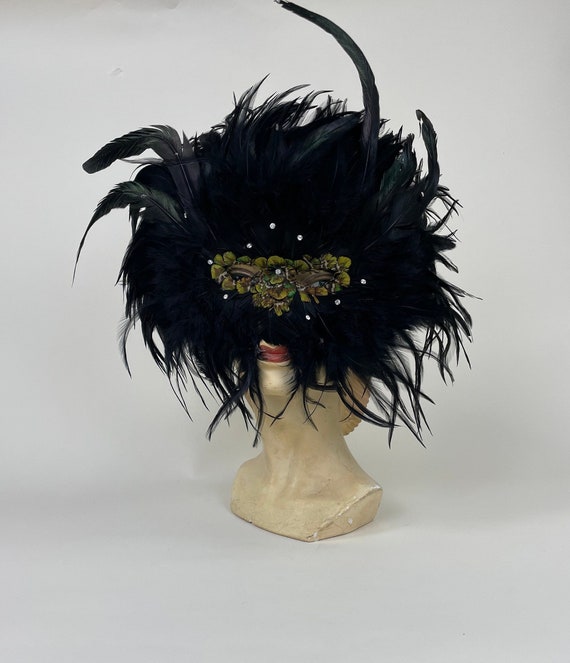 Vintage 1980s Black Exotic Feather Feathered Rhine