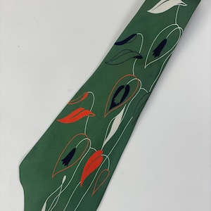 Vintage 1940er Jahre Krawatte Tropisch Blätter Blumen Breite Seide Grün Krawatte / Rhodes Panelle