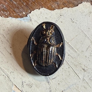 Botón antiguo del siglo XIX con imagen de un escarabajo en cristal negro.