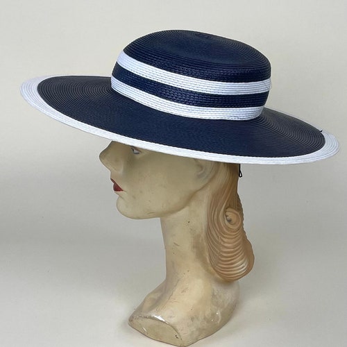 Vintage 1950s Navy Blue White Stripe Wide Brimmed Straw Summer Hat / Vintage 50s Designer Ruth Alan Straw Sun shops Hat