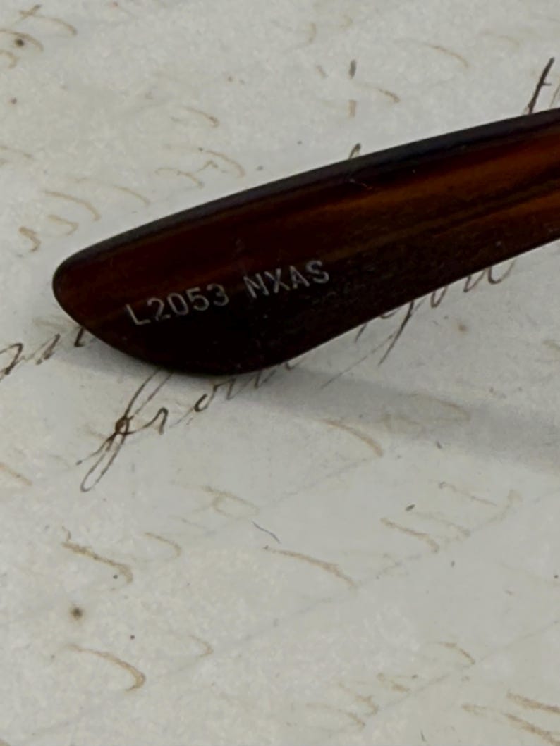 May include: Close-up of the arm of a pair of spectacles. The arm has a dark brown tortoiseshell pattern. The text "L2053 NXAS" is printed in white on the arm.