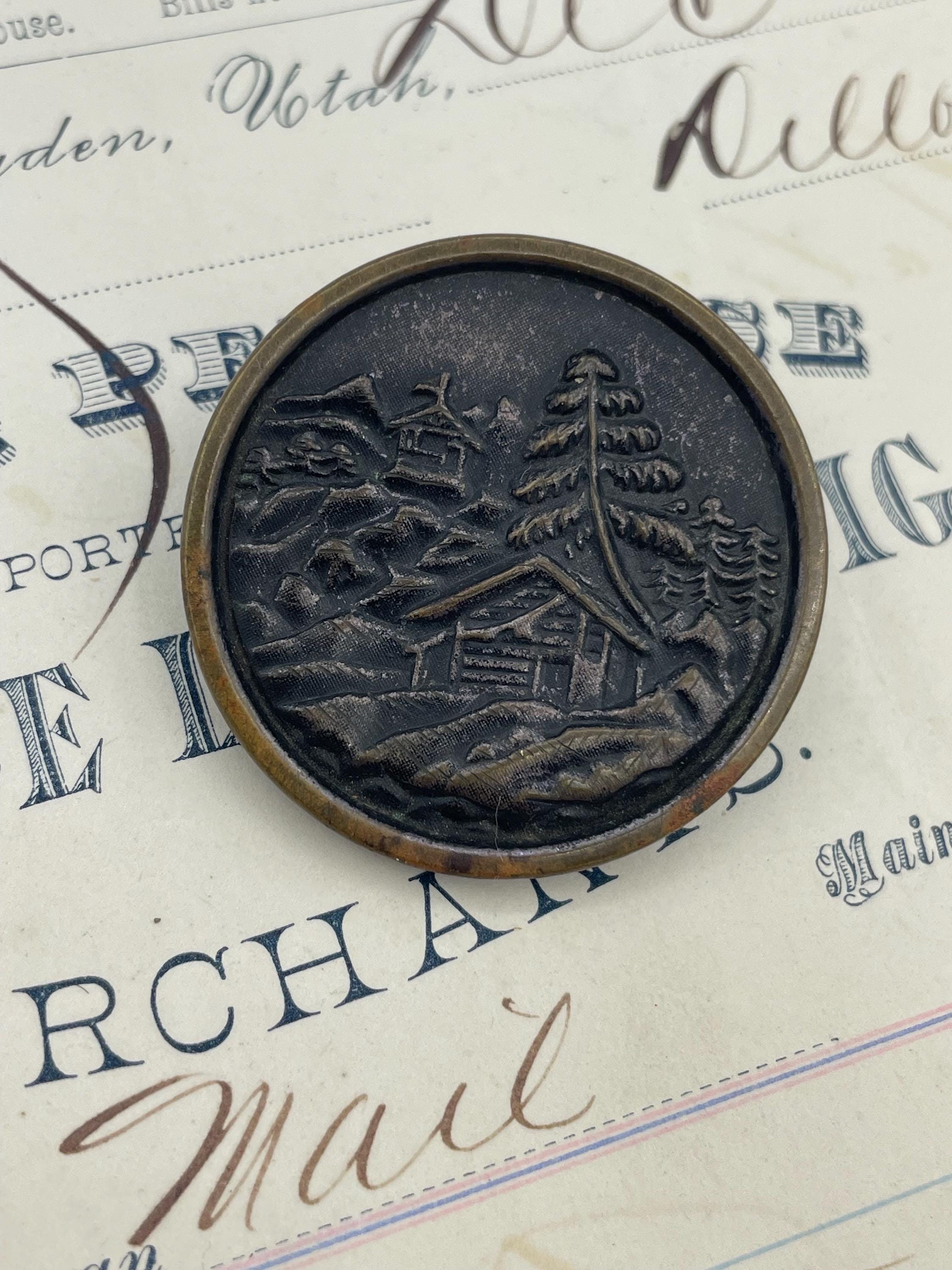 19th C Fir Tree Mountain Cabin Plant Brass Metal Picture Pictorial Button