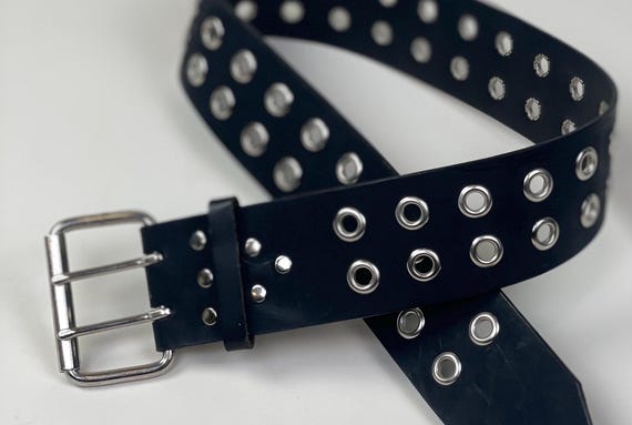 Vintage 1980s Black Leather Silver Grommet Wide Motorcycle Belt