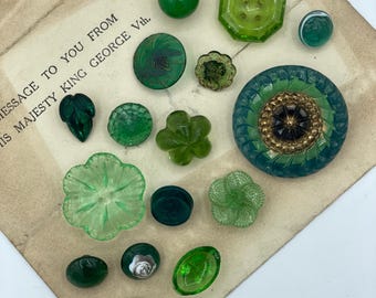 Vintage Green Glass Buttons / Goldstone Transparent Foil Back Luster Conical Faceted
