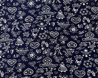 Vintage 1970s Folk Scandinavian Blue White Farm Scene Small Novelty Fabric / By the Yard