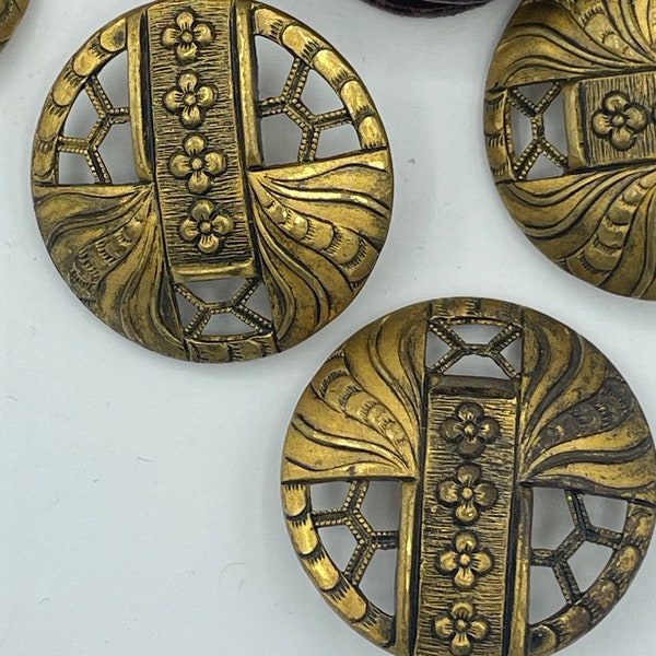 Antique 19th C Brass Floral Repousse Honeycomb Pierced Openwork Metal Dome Button / 1800s Flower Coat Jacket Buttons / 1 1/4"