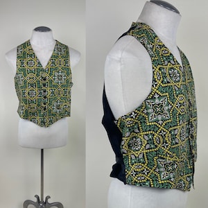 Vintage 1930s 1940s Waistcoat Vest / 30s 40s Green Black Geometric Novelty Print Pattern Silk Satin Vest