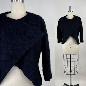 Vintage 1960s Black Wool Boucle Short Crop Jacket Coat / 60s Evening Dinner Party Coats