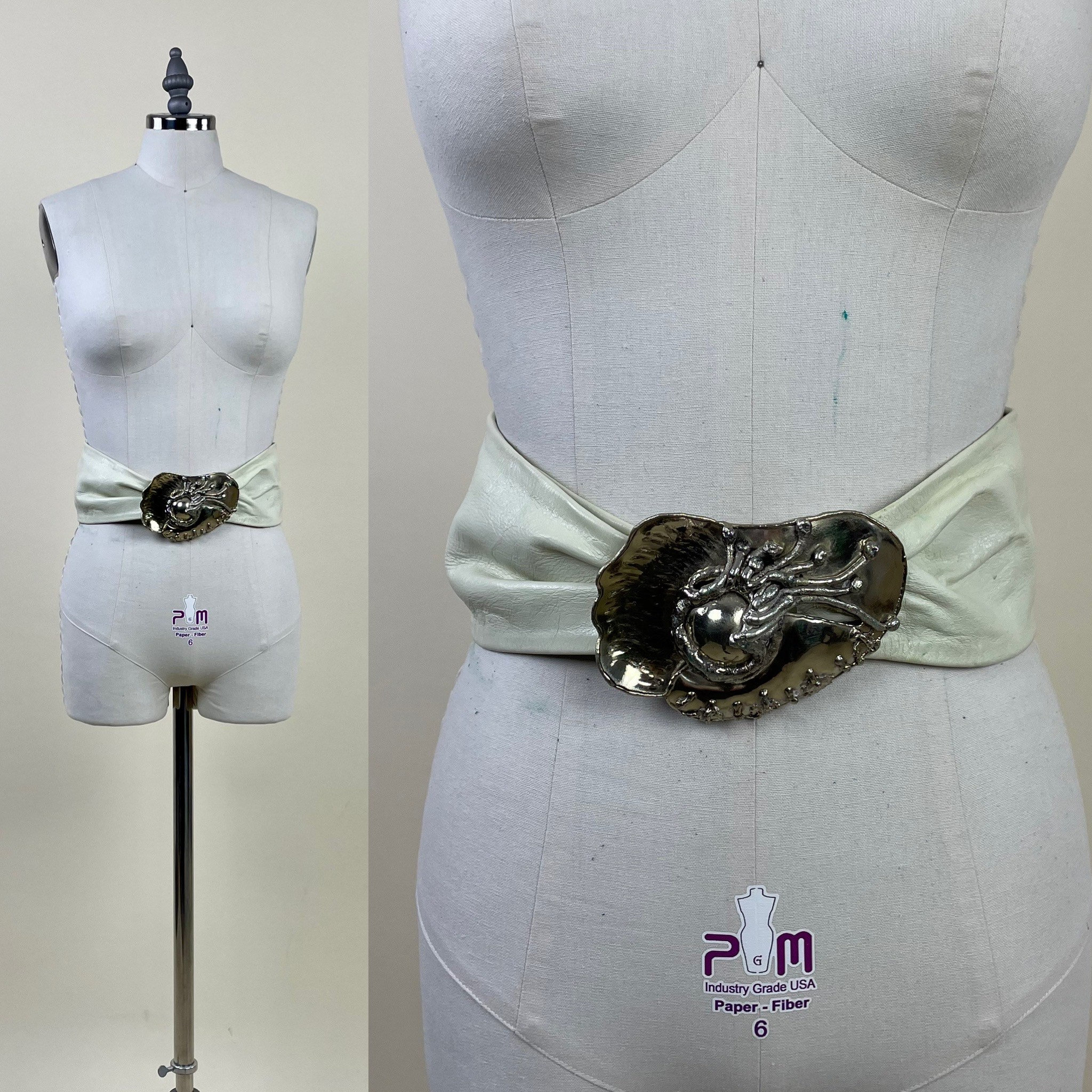 80\'s Cream Ivory Leather Waist Belt Silver Copper Mixed Metal Brutalist Buckle Super Chic Vintage 1970 main image 3