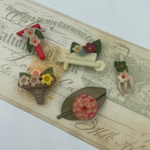 Vintage 1940s Hand Tooled Weeber Type Floral Flower Basket Garden Tools Celluloid Novelty Button Buttons