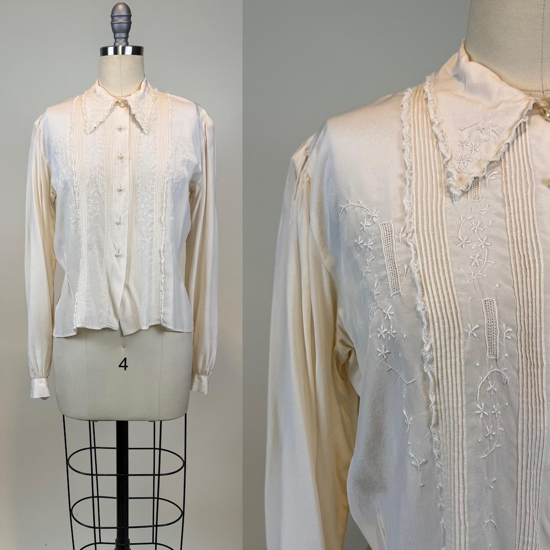 Vintage 1940s Silk Crepe Embroidered Lace Blouse - Etsy