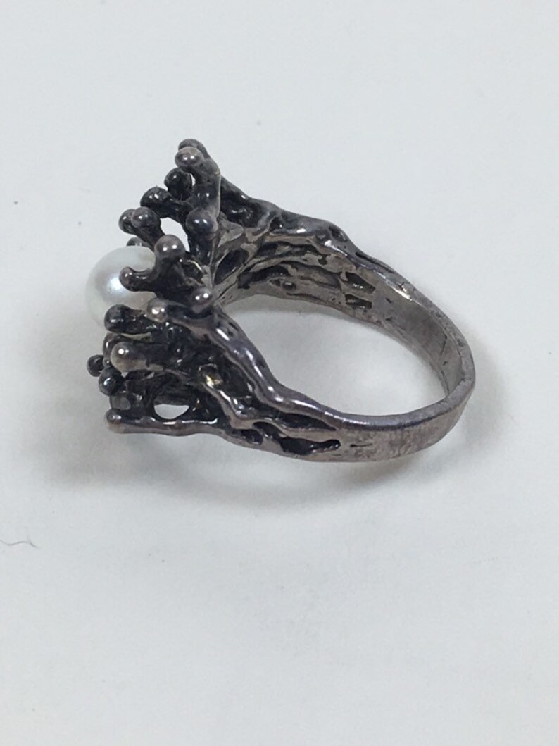 Vintage 1960s Brutalist Modernist Sterling Silver Pearl Birds Nest Ring