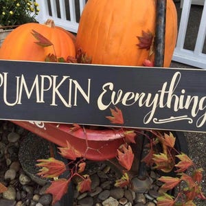 May include: A black wooden sign with the words "PUMPKIN Everything" in white script. Two large orange pumpkins are behind the sign, with fall foliage and a red wheelbarrow in the foreground. The scene evokes autumn.