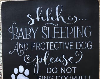 Shhh Baby sleeping sign/ And Protective Dog/ Please Do Not Ring Doorbell/ Or Knock/ Hand Painted Sign/ 12" x 12"/ MariasMakeryDesigns