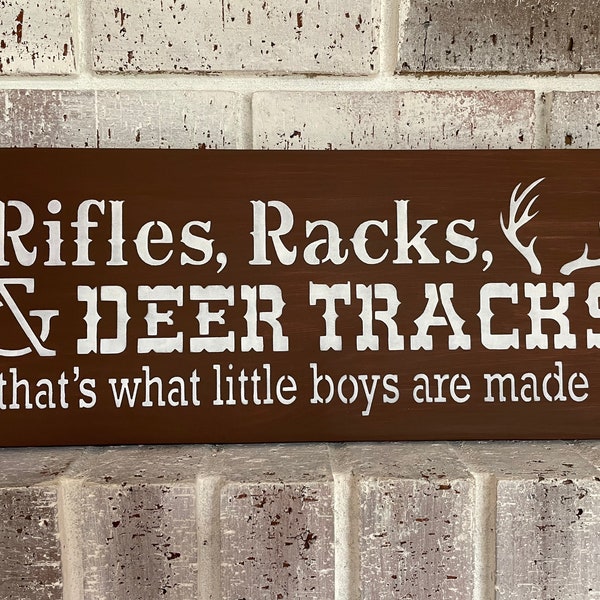 Rifles Racks & Deer Tracks/ Boys Sign/Hand Painted/Rustic Wood Sign/Distressed/Boys Room Sign/Deer Sign/MariasMakeryDesigns