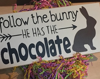 Easter Sign|Follow the Bunny|Chocolate| Easter Decor|Easter Bunny Sign|Hand Painted Sign|6" x 12"|Maria's Makery Designs