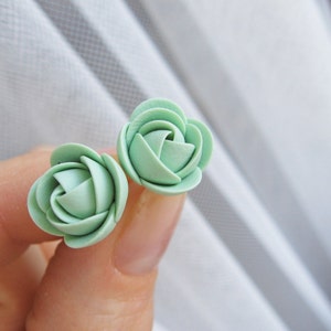 Polymer clay earrings - Mint rose flower stud earrings